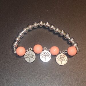 Silver and Pink Beaded Bracelet with Tree Charms